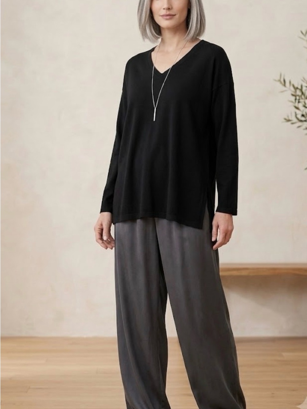 Eileen Fisher V Neck Long Sleeves Boxy Minimalist Top Size L